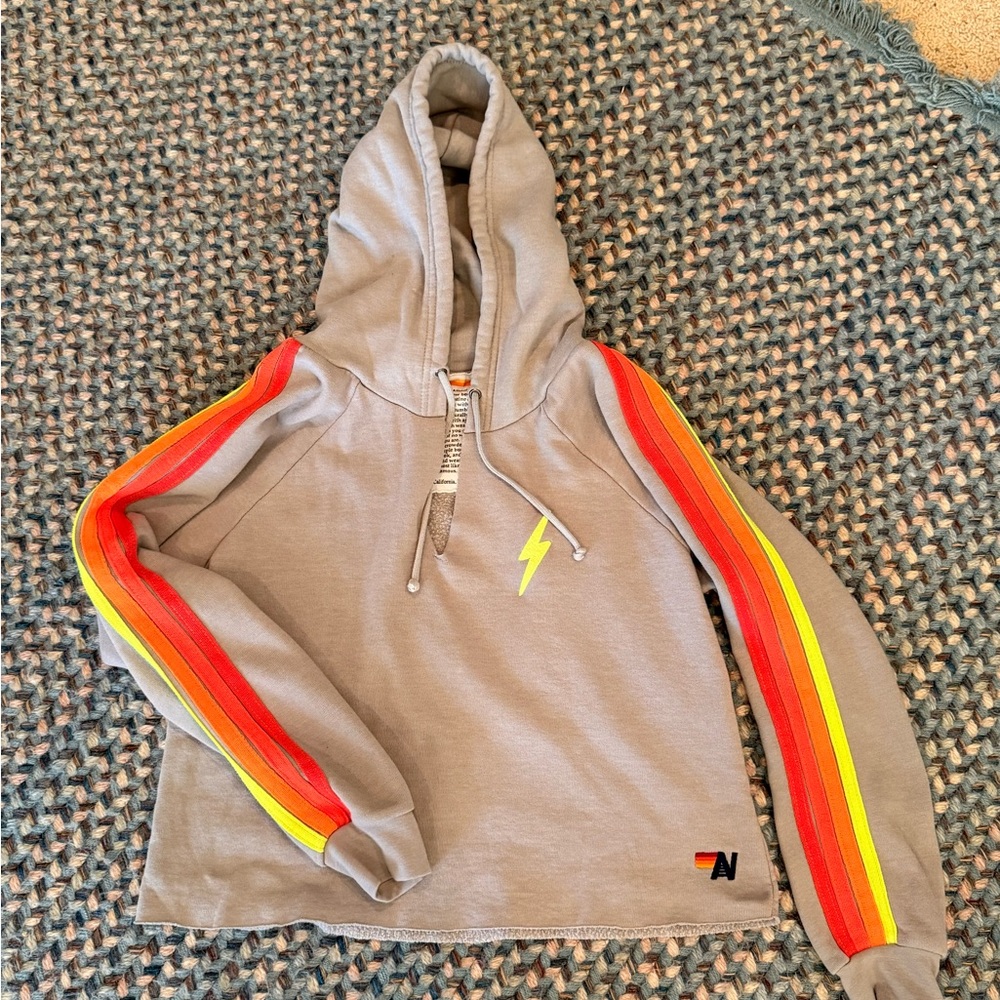 Aviator Nation Gray Cropped Hoodie with Rainbow Stripes - Picture 3 of 8